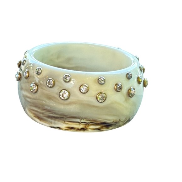 Vintage Lucite Wide Bangle Bracelet Brown Swirl Rhinestones Studded Retro Style - Picture 1 of 9